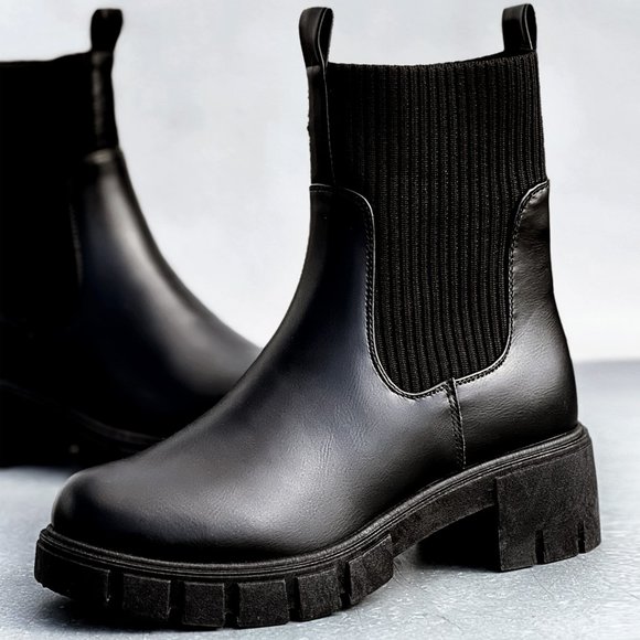 NEW Black Chunky Lug Sole Platform Elastic Cute Ankle Sock Boots Chelsea Bootie - Picture 5 of 12